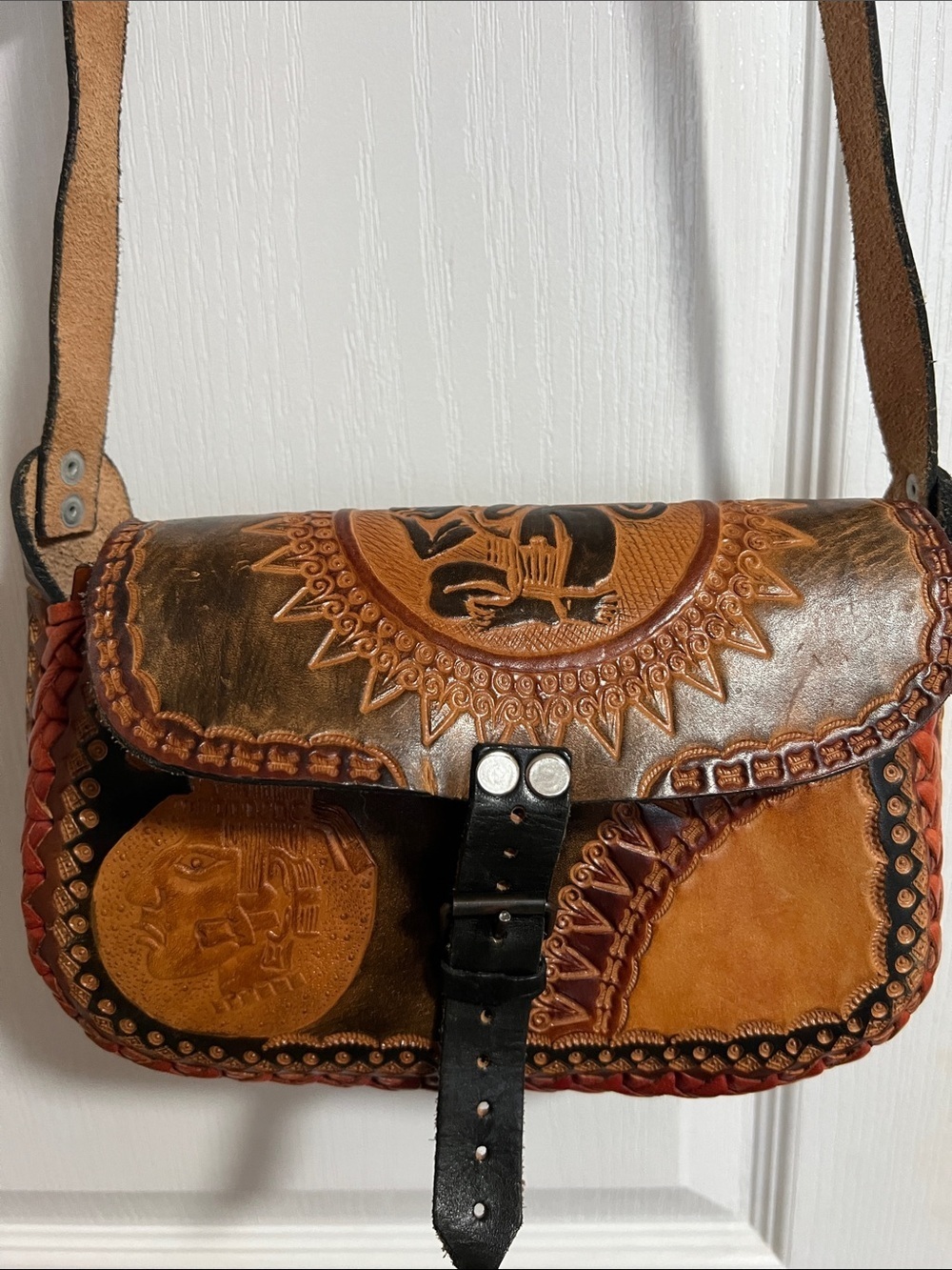 Vintage Hand-Tooled Leather Shoulder/Crossbody Bag in Brown & Tan